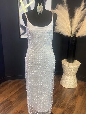 Pearl-Embellished White Slip Dress